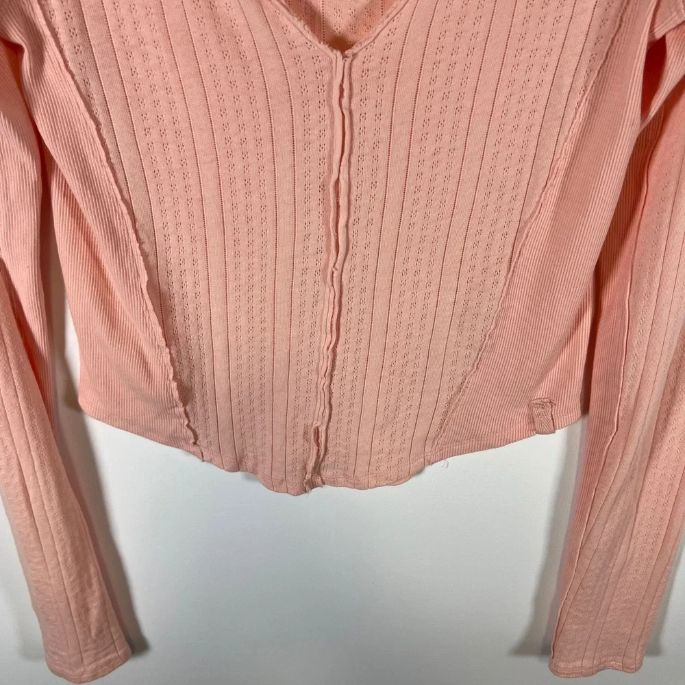 Free People We The Free Pink Pointelle‎ V-Neck Long Sleeve Top OB1817655 Medium